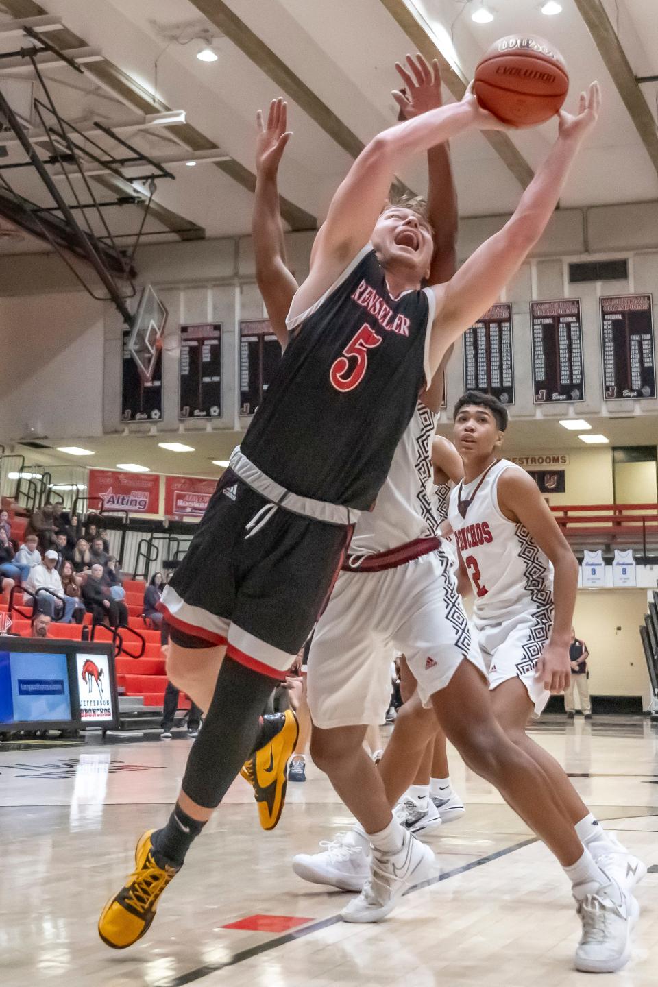 Rensselaer senior Kadyn Rowland (5) drives to the basket during the IU Health Hoops Classic basketball 3rd place game, Lafayette Jefferson vs Rensselaer Central, Saturday, Dec. 2, 2023, at Crawley Center in Lafayette, Ind. Lafayette Jefferson won 66-28.