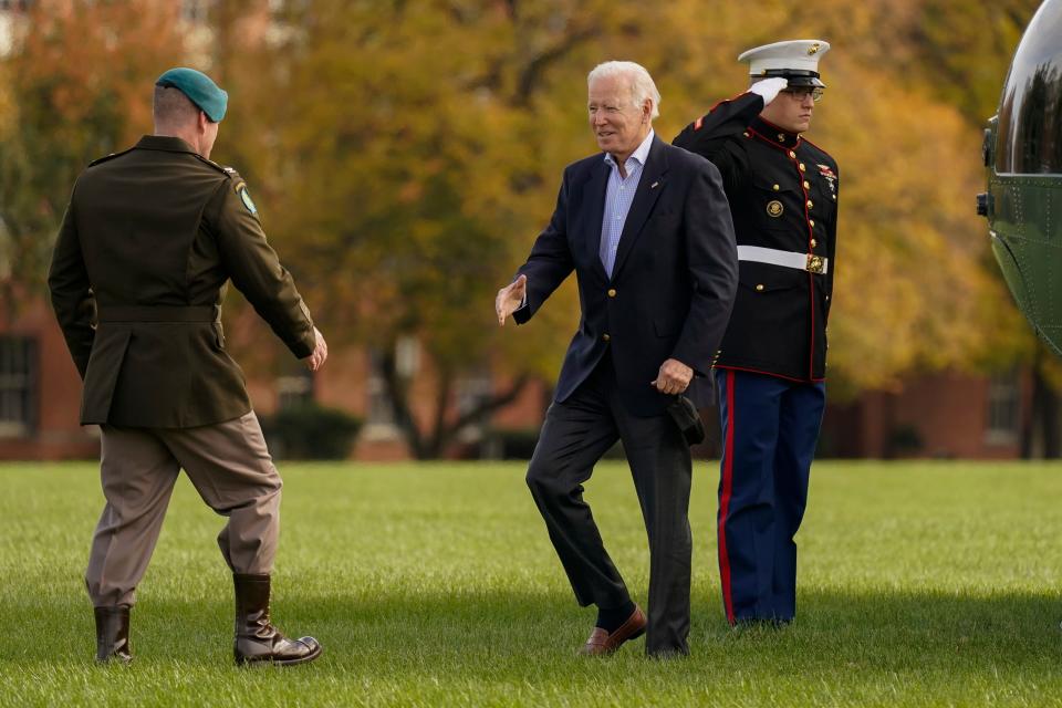 President Joe Biden returns from Camp David, Md., on Nov. 14, 2021.