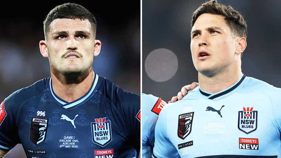 Nathan Cleary after a loss and Mitchell Moses during the anthem.