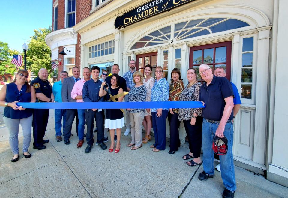 Pictured with Monique are family and friends, and also (in no particular order: Tanya Hervey, Greater Rochester Chamber of Commerce; Rochester Police Chief Gary Boudreau; David Stevens, Hourihane, Cormier & Associates; Rochester Mayor Paul Callaghan; Eric Stanley, Straight Forward Life and Annuity; Chris Harrelson, Profile Bank; Matt Wyatt, City of Rochester; Janet Oliver, Unitil; Caitlyn Turgeon, HBL Insurance; Sharla Rollins, First Seacoast Bank; Mary Henderson, Bank of New Hampshire; Amy Brown, Yankee Electric and Co., LLC; Harrison Thorp, The Rochester Voice; and Alan Johnson, Breezeline.