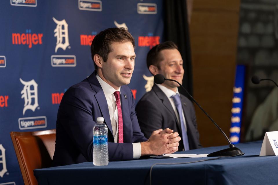 Detroit Tigers president of baseball operations Scott Harris (left) introduces general manager Jeff Greenberg (right) to the franchise on September 26, 2023, in the Tiger Club at Comerica Park.