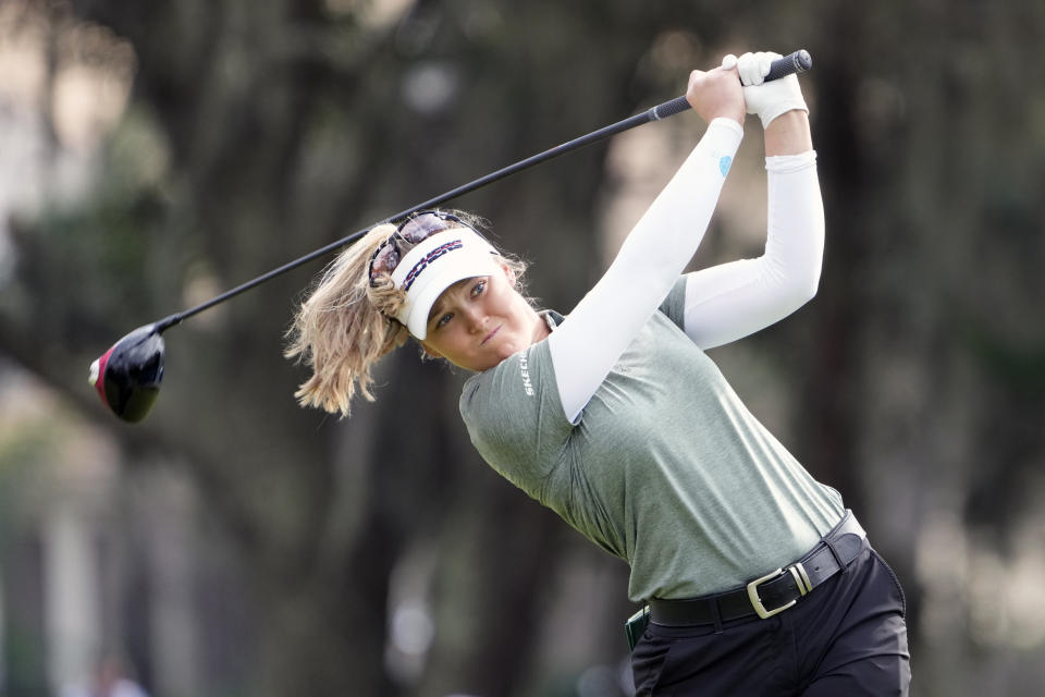 CORRECTS TO BROOKE NOT BROOK - Brooke Henderson hits a shot from the ninth tee during the final round of the LPGA Hilton Grand Vacations Tournament of Champions Sunday, Jan. 22, 2023, in Orlando, Fla. (AP Photo/John Raoux)
