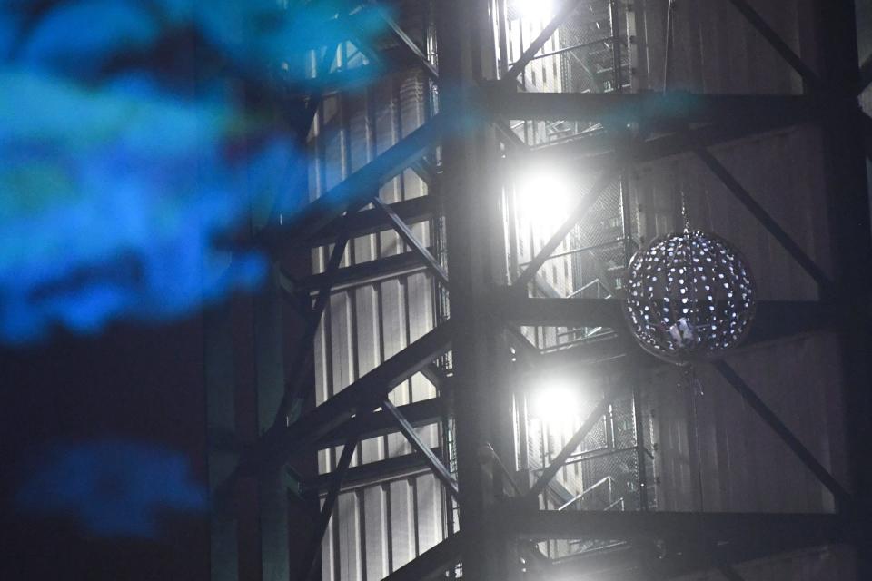 The ball for the ball drop is seen attached to the Sunsphere at the City of Knoxville’s New Year’s Eve celebration under the Sunsphere on Friday, Dec. 31, 2022.