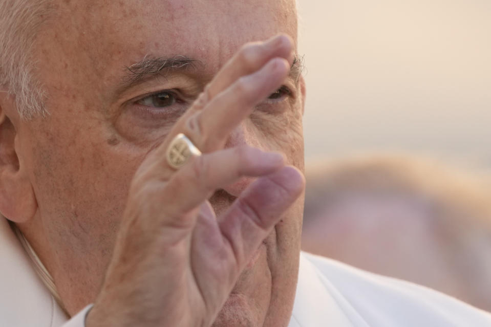 Pope Francis arrives for his weekly general audience in St. Peter's Square at The Vatican, Wednesday, Nov. 23, 2022. (AP Photo/Andrew Medichini)