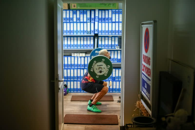 Croatia rower Martin Sinkovic is seen during practice in improvised gym in hotel Alkar for the Tokyo 2020 Olympics in Sinj