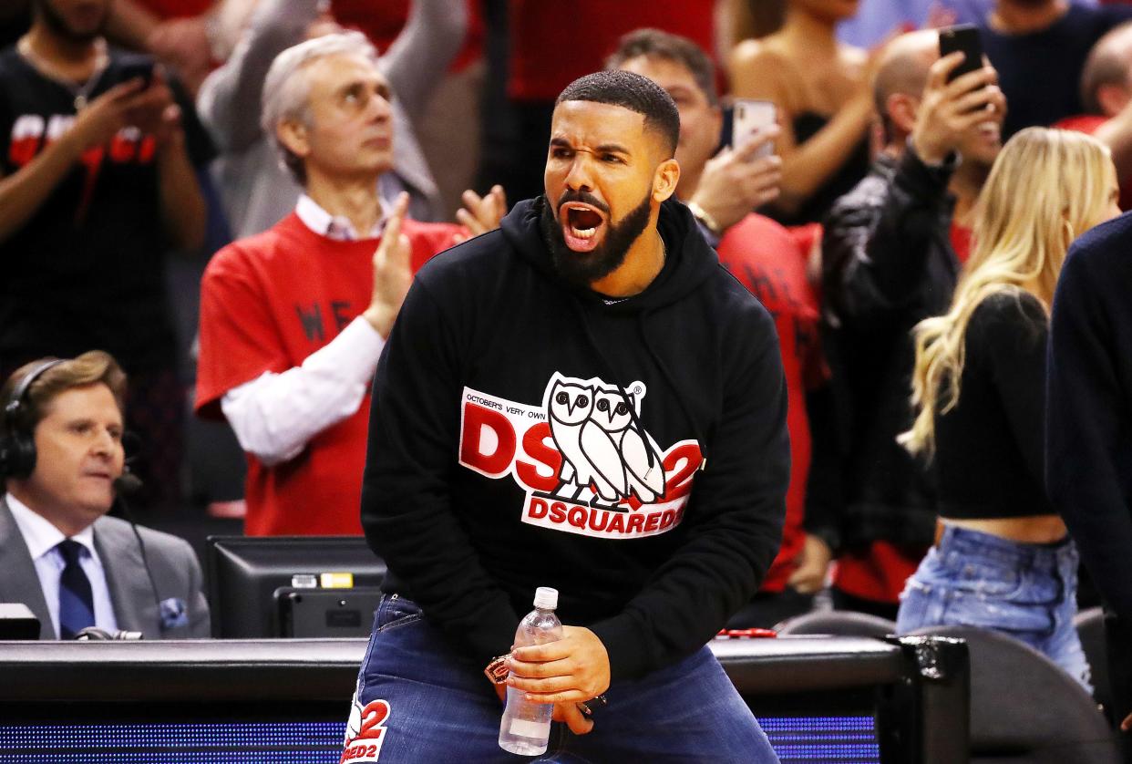 Rapper Drake reacts during game four of the NBA Eastern Conference Finals between the Milwaukee Bucks and the Toronto Raptors at Scotiabank Arena on May 21, 2019 in Toronto, Canada.