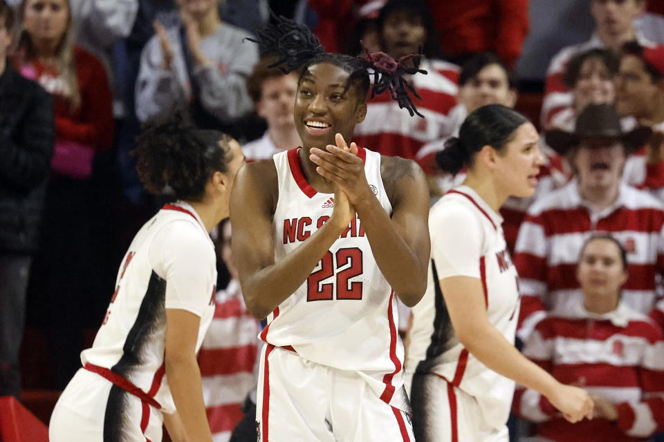 North Carolina State's Saniya Rivers (22) celebrates a basket during the second half of an NCAA college basketball game against Duke, Sunday, Jan. 21, 2024, in Raleigh, N.C. (AP Photo/Karl B. DeBlaker)