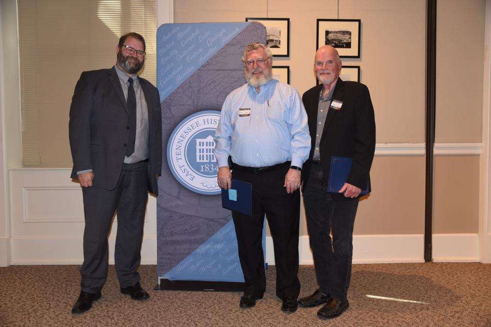 Pictured with Warren Docter, East Tennessee Historical Society president, from left, are Keith McDaniel and Ray Smith. They were the recipients of a History in Media Award for the videocast 'Hidden History: Stories from the Secret City,' which was described as 'a creative approach that has contributed significantly to the understanding and interpretation of Oak Ridge’s history.'