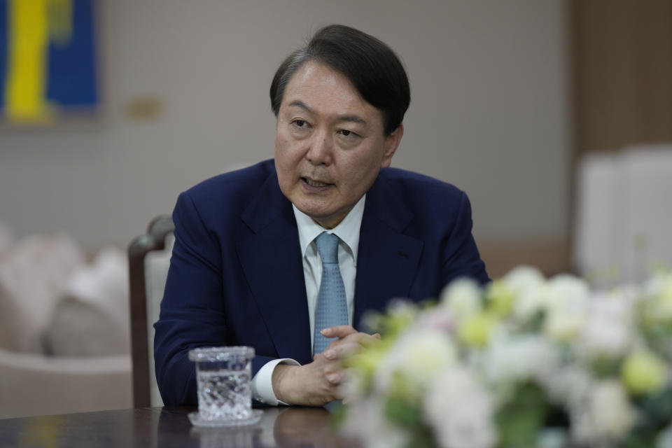 South Korean President Yoon Suk Yeol speaks during an interview at the presidential office in Seoul, South Korea, Tuesday, Jan. 10, 2023. (AP Photo/Lee Jin-man)