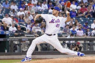 New York Mets pitcher Rich Hill delivers in the first inning of the baseball game against the Cincinnati Reds, Saturday, July 31, 2021, in New York. (AP Photo/Mary Altaffer)