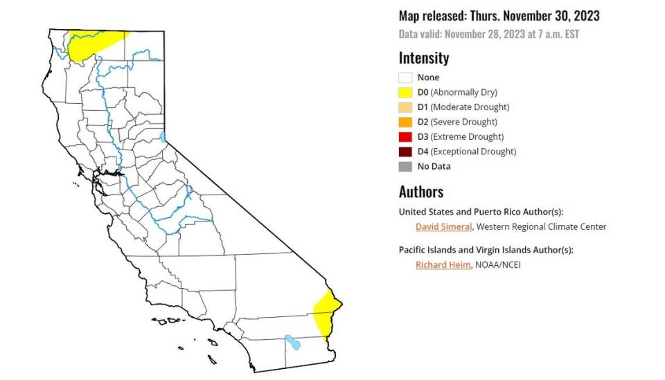 California has been 100% drought-free since October. “Abnormally dry” conditions are located in both the northernmost and southernmost portions of the state including Siskiyou, Modoc, San Bernardino, Riverside and Imperial counties. U.S. Drought Monitor