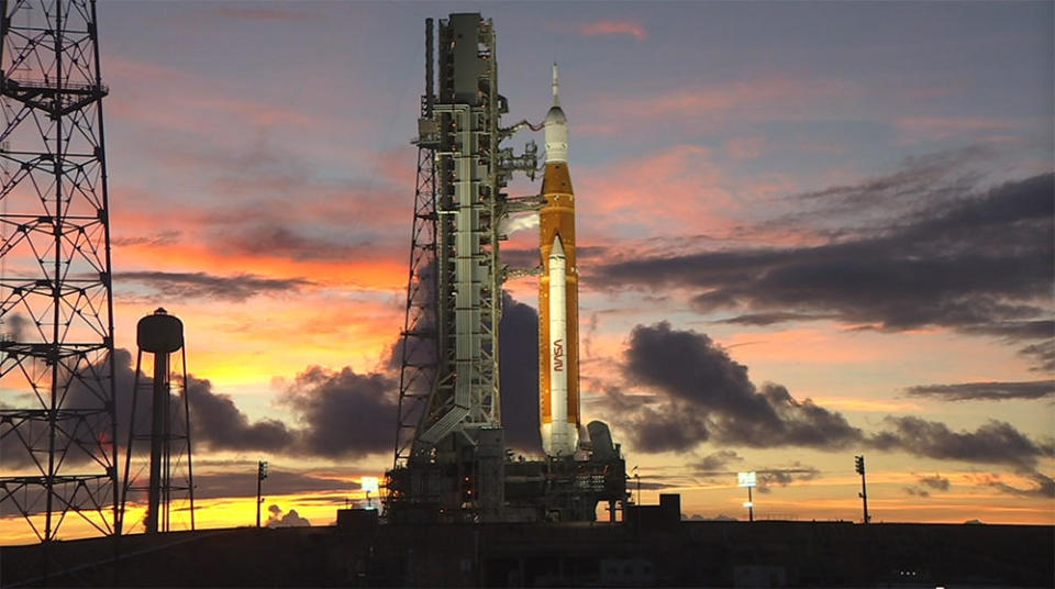 The 32-story-tall Space Launch System rocket atop pad 39B at the Kennedy Space Center ran into stormy weather and frustrating hardware problems Monday that prevented a long-overdue maiden flight. / Credit: NASA