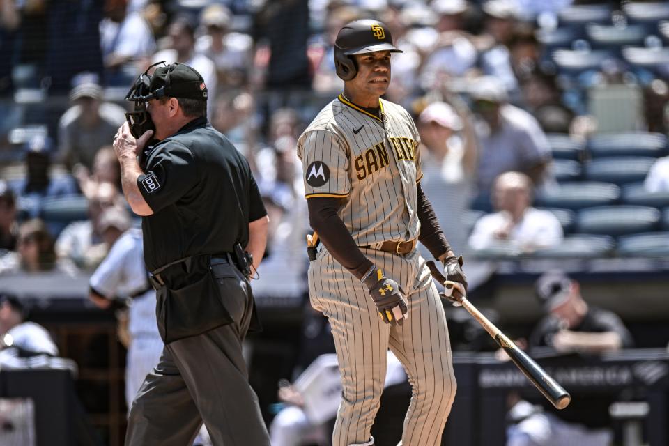 Juan Soto reacts after striking out against the New York Yankees.