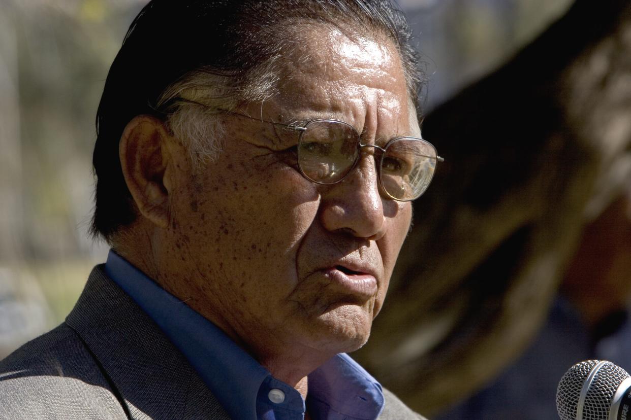 Former state Sen. Jack Jackson, Sr. , speaks on the lawn of the state Capitol at the annual Indian Nations and Tribes Legislative Day,  March 8, 2023. Jackson was instrumental in creating the annual event.