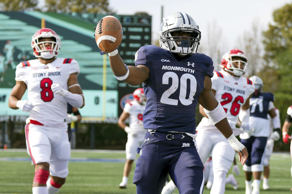 In this image provided by Monmouth University, Monmouth running back Jaden Shirden (20)reacts during an NCAA college football game against Stony Brook, Nov. 4, 2023, in Monmouth, N.J. South Dakota State quarterback Mark Gronowski and Monmouth running back Jaden Shirden, both finalists for the Walter Payton Award given to the most outstanding player in the Championship Subdivision, were selected to the Associated Press FCS All-America team announced Tuesday, Dec. 12, 2023. (Mark Brown/Monmouth University via AP)