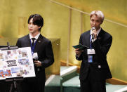 ADDS IDS - Members of South Korean K-pop band BTS, Jimin, left, and J-Hope speak at the United Nations meeting on Sustainable Development Goals during the 76th session of the U.N. General Assembly at U.N. headquarters on Monday, Sept. 20, 2021. (John Angelillo/Pool Photo via AP)