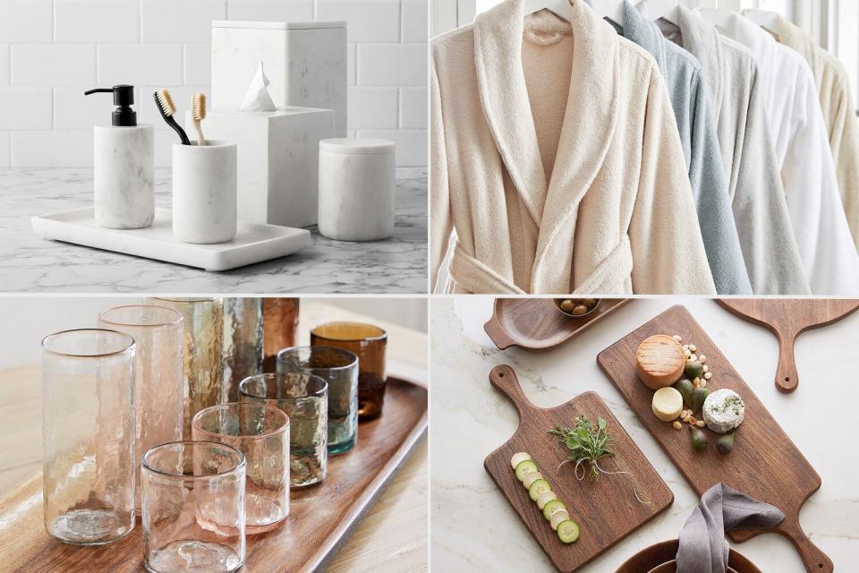 Pottery Barn Frost Handcrafted Marble Bathroom Accessories; Dream Robe; Handcrafted Acacia Wood Cheese &amp; Charcuterie Boards ; Hammered Glassware Collection