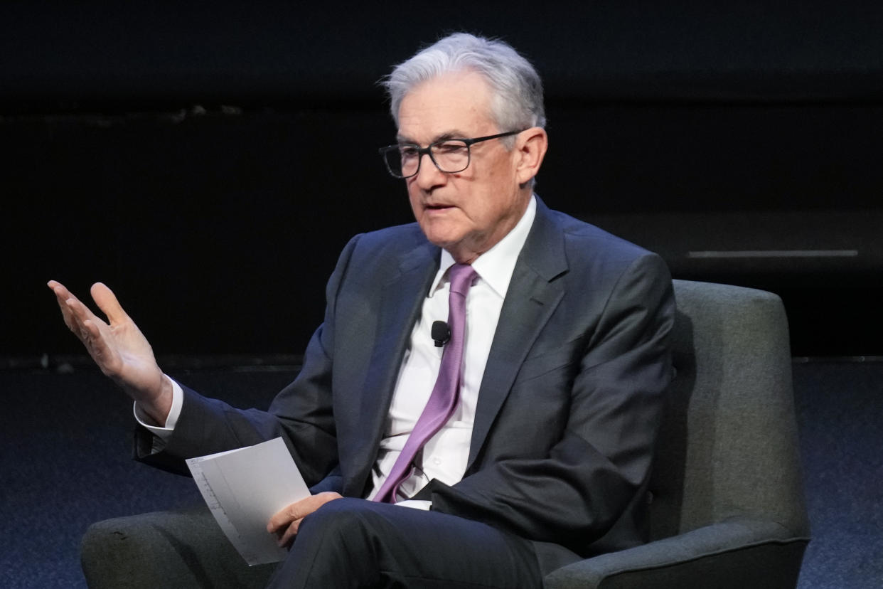 Federal Reserve Chairman Jerome Powell speaks at a meeting of the Economic Club of New York in New York, Thursday, Oct. 19, 2023. (AP Photo/Seth Wenig)