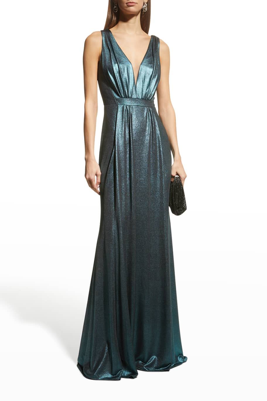 Deep V-Neck Sleeveless Lamé Gown