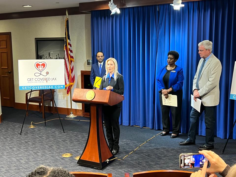 Mayor Donna Deegan (center) conducts a news conference to announce a new city marketing campaign, Get Connected Jax, on Nov. 2. She was joined by Sunil Joshi (left), Lynn Sherman (right) and Michael Boylan (far right).