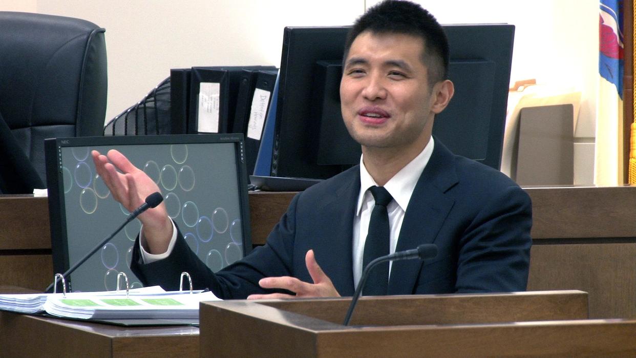 Terry Kuo testifies during his retrial before Superior Court Judge Jill O'Malley. at the Monmouth County Courthouse in Freehold Thursday, September 28, 2023. He is a former youth tennis instructor charged with child pornography and sexually assaulting an underaged student.