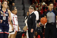 North Carolina State head coach Wes Moore looks toward the scorers table during the second half of an NCAA college basketball game against UConn, Sunday, Nov. 12, 2023, in Raleigh, N.C. (AP Photo/Karl B. DeBlaker)