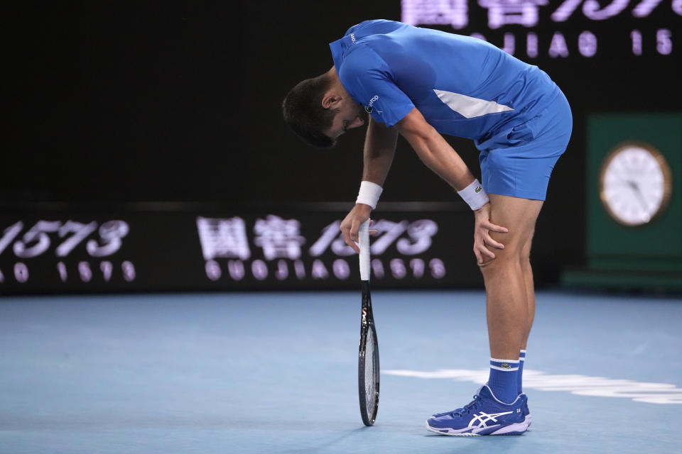 Serbia's Novak Djokovic reacts during his first round match against Croatia's Dino Prizmic at the Australian Open tennis championships at Melbourne Park, Melbourne, Australia, Sunday, Jan. 14, 2024. (AP Photo/Andy Wong)