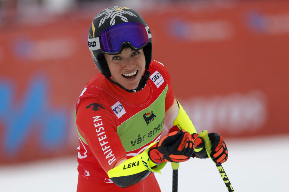 Switzerland's Lara Gut Behrami checks her time at the finish area of an alpine ski, women's World Cup super-G race, in Kvitfjell, Norway, Sunday, March 3, 2024. (AP Photo/Alessandro Trovati)