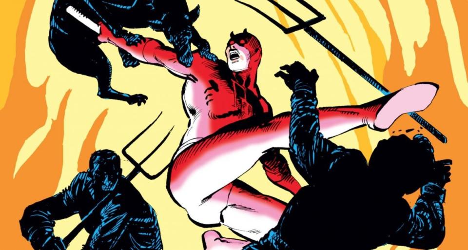 A comic book panel of Daredevil fighting men with pitchforks on Daredevil #194