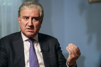 Pakistan's Foreign Minister Shah Mehmood Qureshi speaks during an interview with The Associated Press, Wednesday, Sept. 22, 2021, in New York. (AP Photo/Mary Altaffer)
