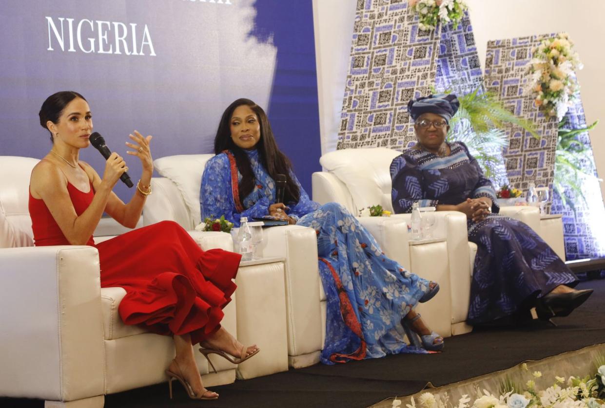 abuja, nigeria may 11 editorial use only meghan, duchess of sussex speaks at a women in leadership event co hosted with ngozi okonjo iweala on may 11, 2024 in abuja, nigeria photo by andrew esiebogetty images for the archewell foundation