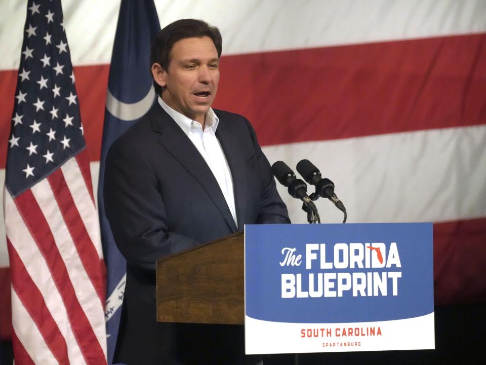 Gov. Ron DeSantis, R-Fla., speaks to a crowd at First Baptist North on Wednesday, April 19, 2023, in Spartanburg, S.C. | Meg Kinnard, Associated Press