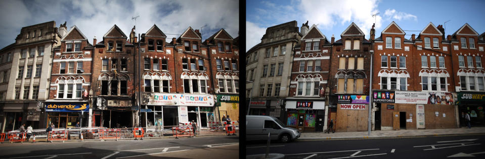 LONDON, ENGLAND - JULY 23: In this composite image (Left Photo) People walk past fire-damaged shops and flats in Clapham Junction on August 10, 2011 in London, England. (Right Photo) The boarded up buildings damaged by fire in Clapham Junction, one year on from the riots. August 6th marks the one year anniversary of the England riots, over the course of four days several London boroughs, and districts of cities and towns around England suffered widespread rioting, looting and arson as thousands took to the streets. (Peter Macdiarmid/Getty Images)