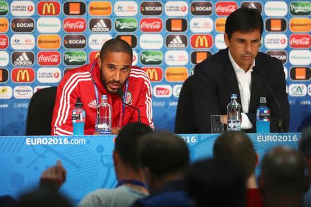 Football Soccer - EURO 2016 - Wales News Conference - Stade Pierre Mauroy - Lille, France 30/6/16 Wales' coach Chris Coleman and Ashley Williams attend a news conference REUTERS/UEFA/Handout via REUTERS