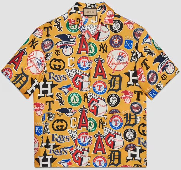 yellow t-shirt with MLB teams' logos