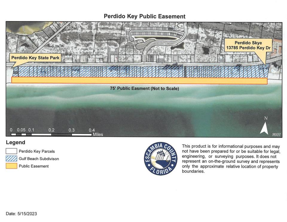 Map provided by Escambia County showing which areas are open to the public on Perdido Key Beach.