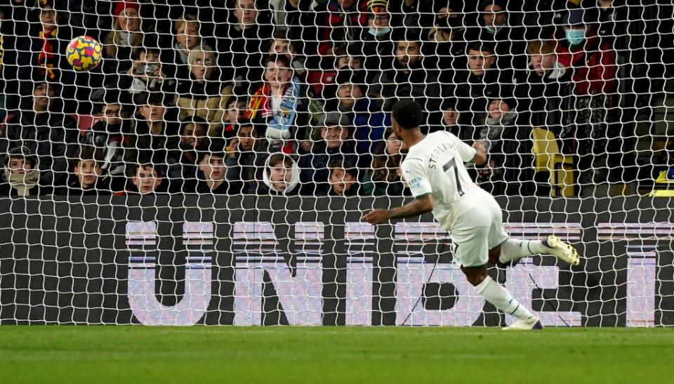 Manchester City’s Raheem Sterling scores his side’s first goal of the game against Watford (Tess Derry/PA) (PA Wire)