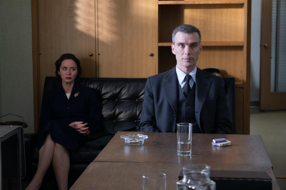 Emily Blunt and Cillian Murphy in a scene in which Murphy's Oppenheimer must testify at a hearing regarding his security clearance<span class="copyright">Courtesy of Universal Pictures</span>