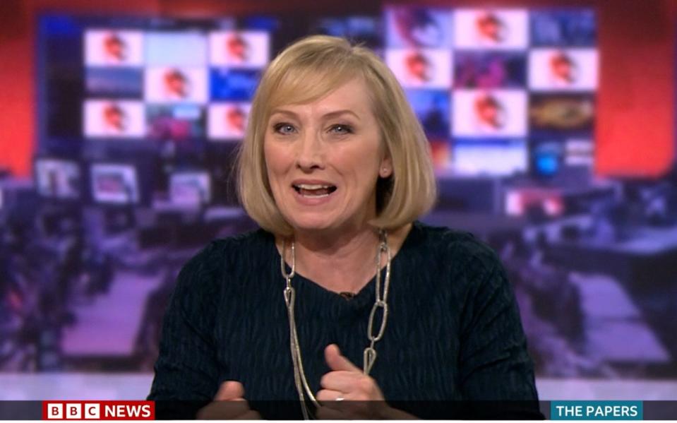 Screengrab of Martine Croxall reacting happily to news Boris Johnson was out of the Tory leadership race