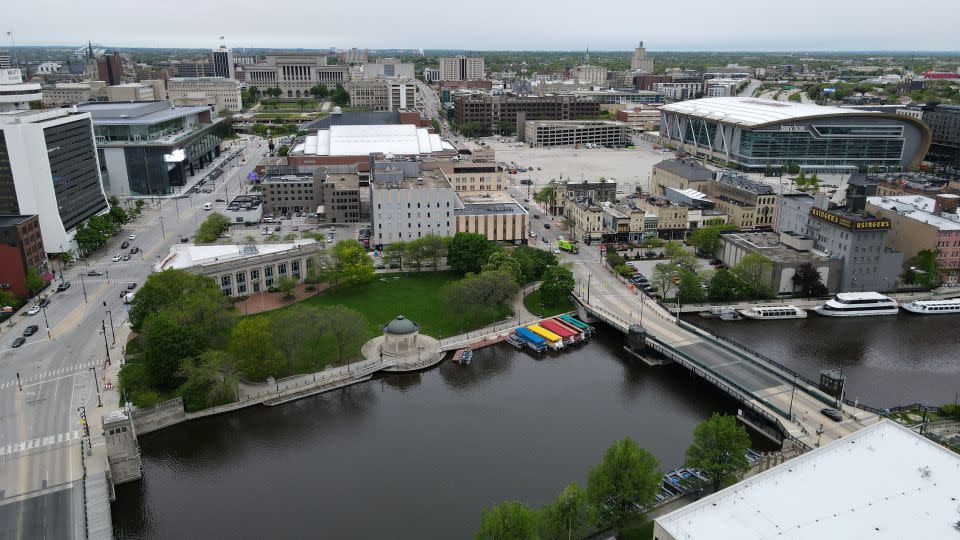 The RNC convention will take place at the Fiserv Forum, upper right, just a few blocks northwest of Pere Marquette Park in Milwaukee, as seen on May 14, 2024. - Mike De Sisti/The Milwaukee Journal Sentinel/USA Today Network