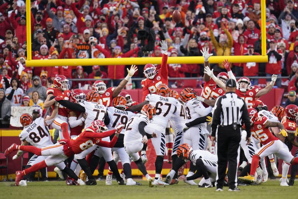 Cincinnati Bengals kicker Evan McPherson (2) kicks a 31-yard field goal during overtime in the AFC championship NFL football game against the Kansas City Chiefs, Sunday, Jan. 30, 2022, in Kansas City, Mo. The Bengals won 27-24. (AP Photo/Paul Sancya)