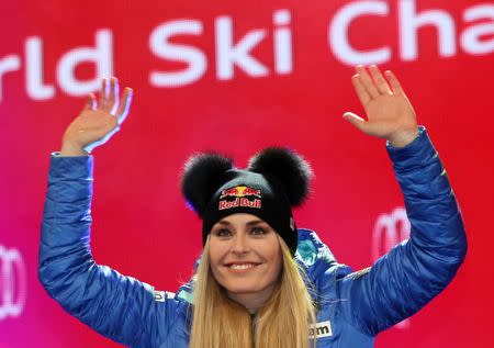 Alpine Skiing - FIS Alpine Skiing World Championships - Women's Alpine Downhill - St. Moritz, Switzerland - 12/2/17 - Lindsey Vonn of the USA attends the medals ceremony. REUTERS/Stefano Rellandini