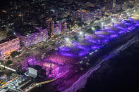 RIO DE JANEIRO, BRAZIL - MAY 04: (EDITOR’S NOTE: This Handout image/clip was provided by a third-party organization and may not adhere to Getty Images’ editorial policy.) In this handout image, aerial view of Copacabana Beach packed by concertgoers during Madonna's massive free show to close "The Celebration Tour" on May 04, 2024 in Rio de Janeiro, Brazil. (Photo by Fernando Maia/Riotur via Getty Images)