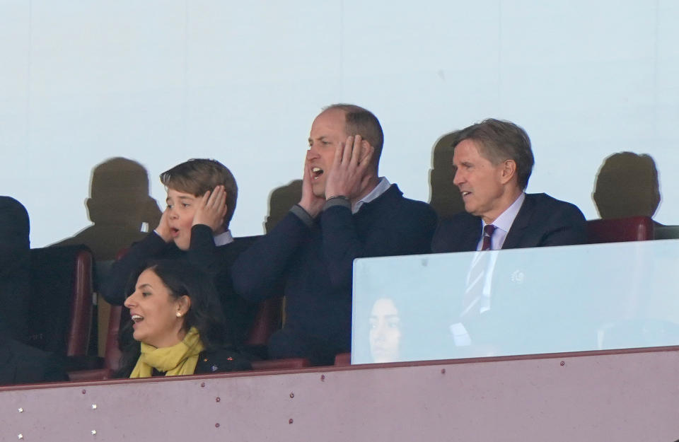 The Prince of Wales with Prince George of Wales and Aston Villa chief executive Christian Purslow (right) in the stands during the Premier League match at Villa Park, Birmingham. Picture date: Saturday April 8, 2023. (Photo by Joe Giddens/PA Images via Getty Images)