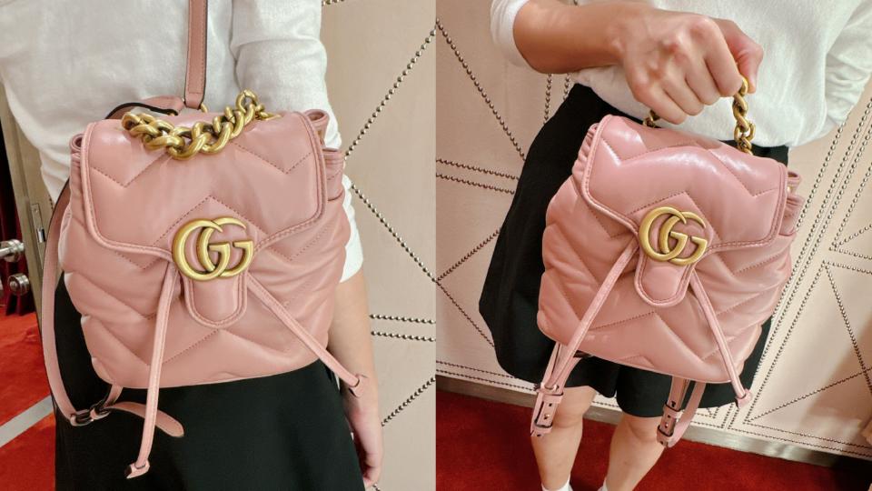 櫻花粉精品包推薦：Gucci GG MARMONT絎縫背包，NT$105,100。圖片來源：編輯拍攝