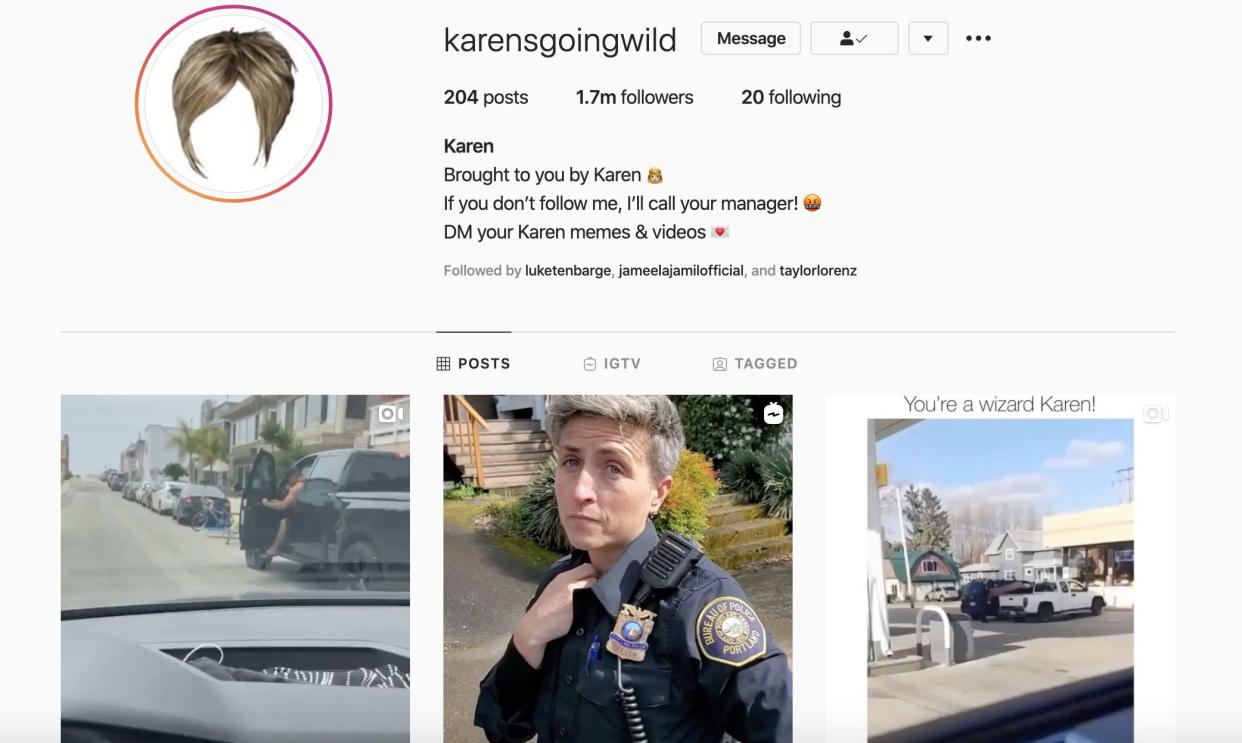 The 'karensgoingwild' Instagram meme page was briefly hacked after its first week, and then went on private, but is still gaining followers.