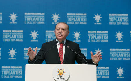 Turkish President Tayyip Erdogan addresses mayors from his ruling AK Party at the Presidential Palace in Ankara, Turkey, September 13, 2017. Yasin Bulbul/Presidential Palace/Handout via REUTERS