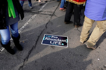 An anti-abortion placard lies on the ground as marchers rally at the Supreme Court during the 46th annual March for Life in Washington, U.S., January 18, 2019. REUTERS/Joshua Roberts