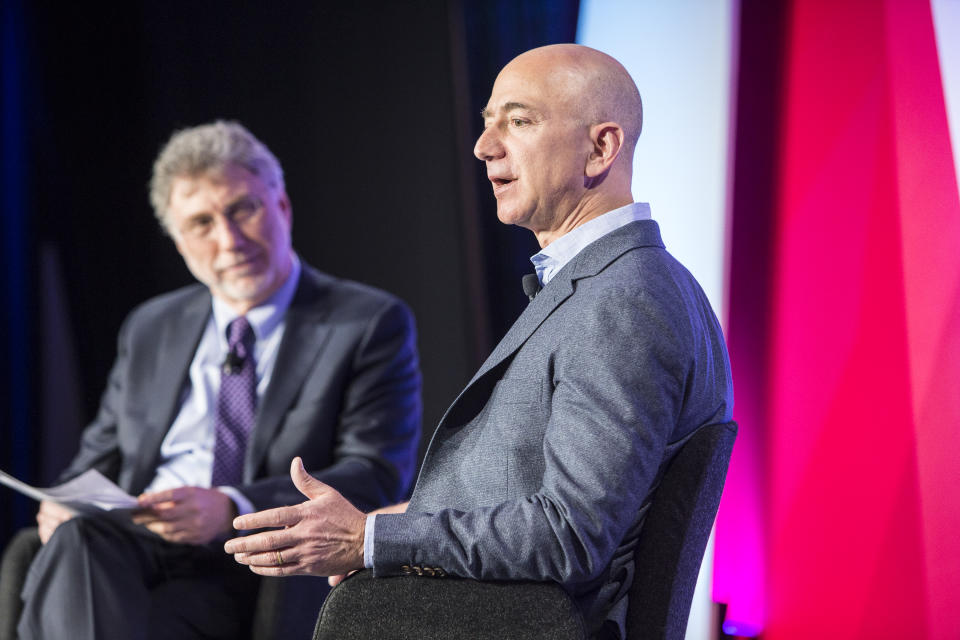 WASHINGTON, DC- MAY 18:Martin Baron interviews Jeff Bezos at The Washington Post via Getty Images Transformers event. (Photo by April Greer For The Washington Post via Getty Images)