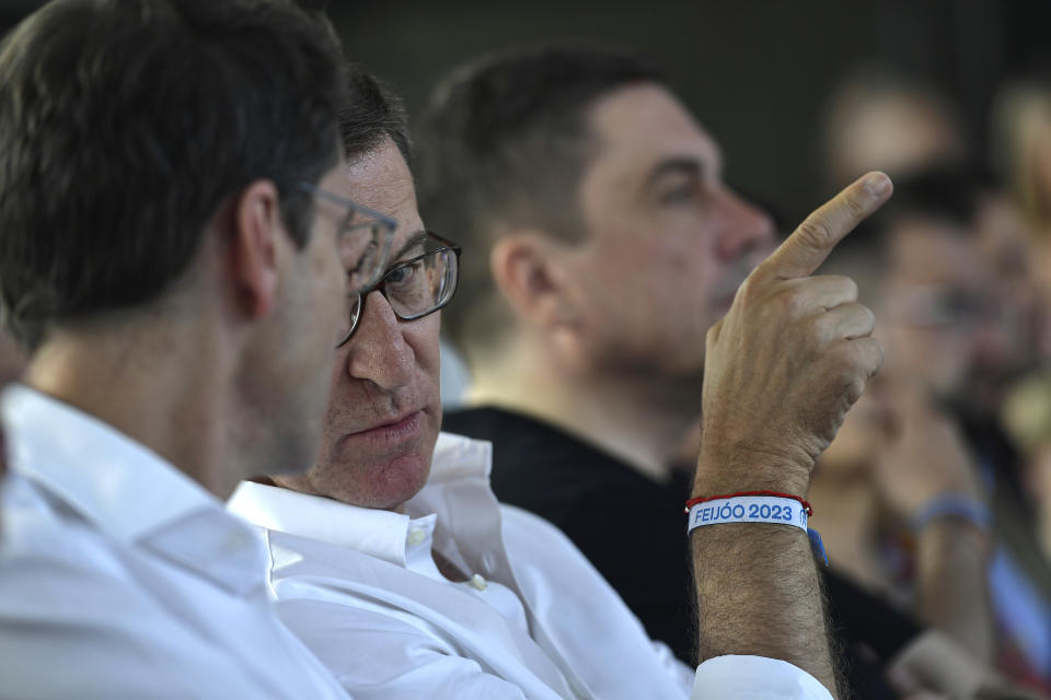 Popular Party candidate Nunez Feijoo takes part at a campaigning meeting in Logrono, northern Spain, Saturday, July 15, 2023. Spain's elections Sunday will be a battle between two leftist and two rightist parties that are teaming up to form possible coalitions. Tipped to lead his right-wing Popular Party to victory, Alberto Núñez Feijóo, 62, has had a meteoric rise in popularity since he took charge of the party in April, 2022 following an internal feud that toppled his predecessor Pablo Casado. (AP Photo/Alvaro Barrientos)